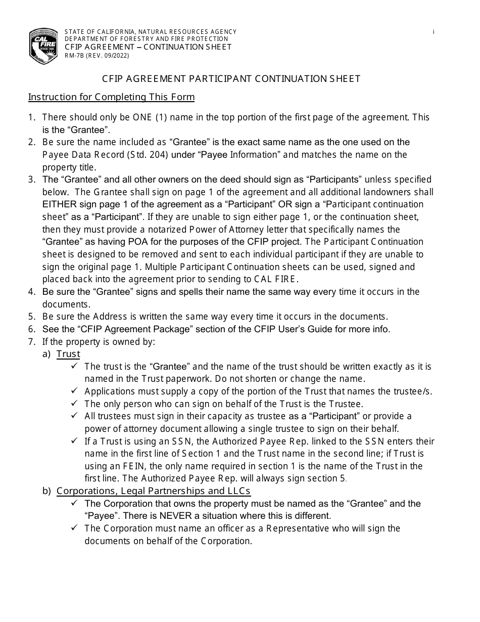 Form RM-7B Cfip Agreement - Continuation Sheet - California, Page 1