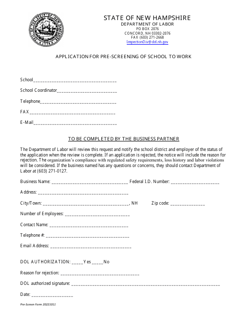 Application for Pre-screening of School to Work - New Hampshire Download Pdf