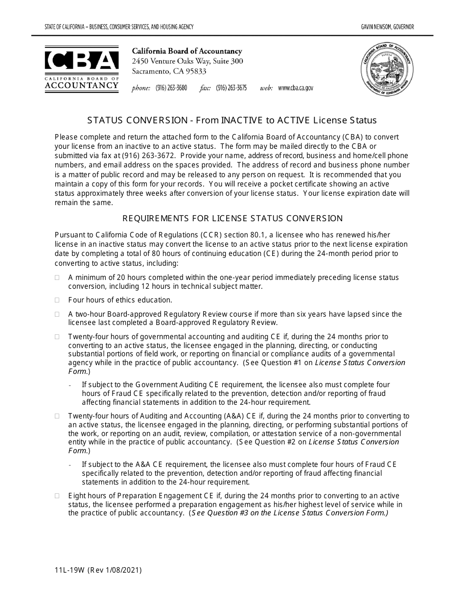 Form 11L-19W License Status Conversion Form - California, Page 1