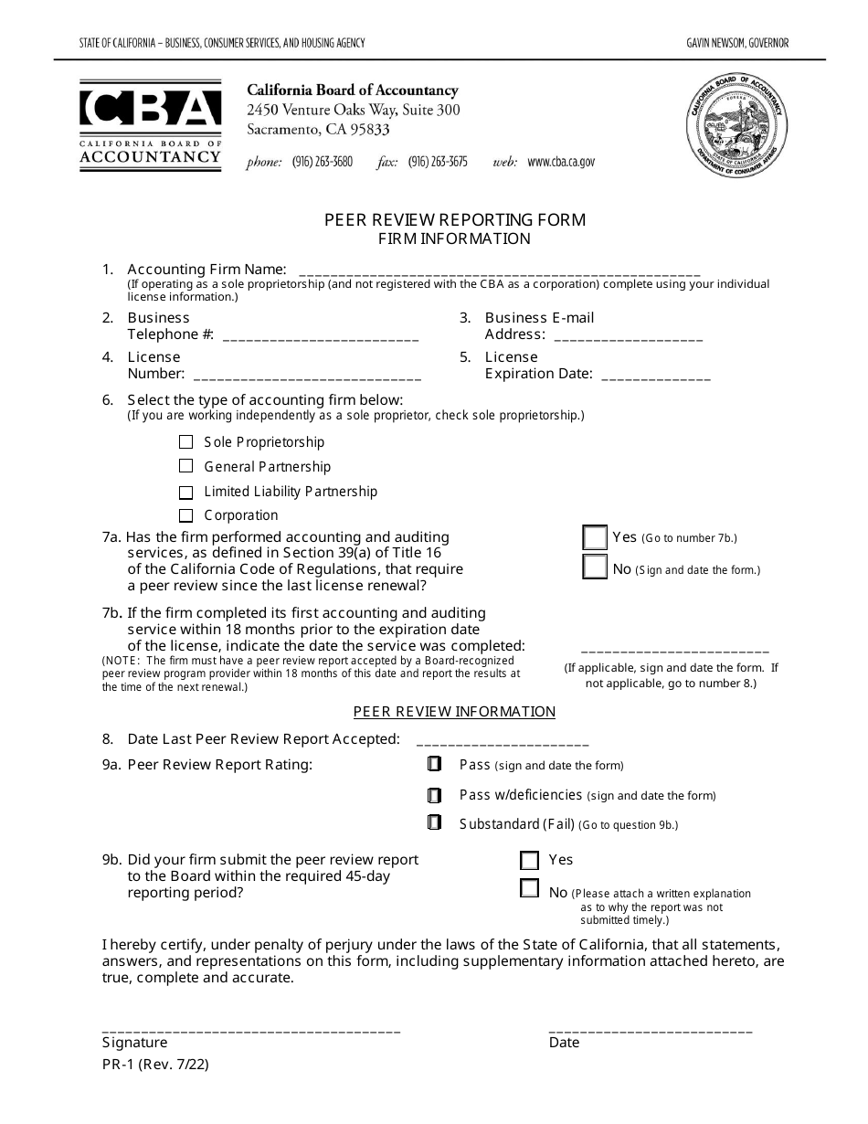 Form PR-1 Peer Review Reporting Form - California, Page 1