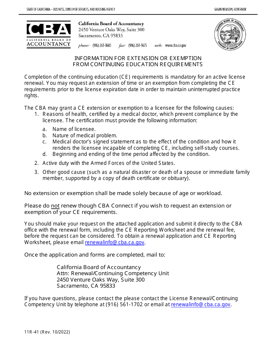 Form 11R-41 Application for Extension or Exemption From Continuing Education Requirements - California, Page 1