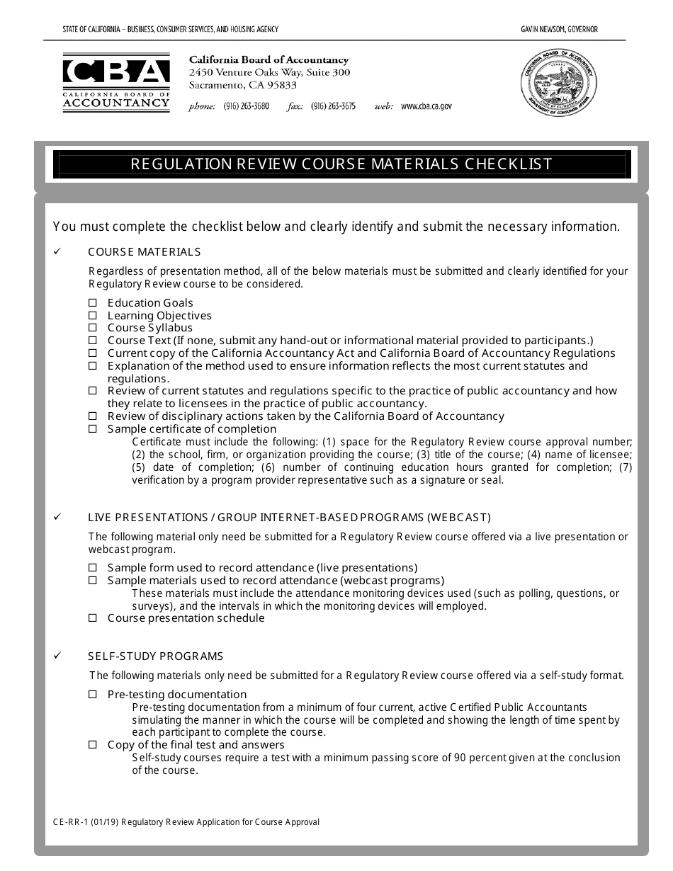 Form CE-RR-1 Regulatory Review Course Initial Application Package - California, Page 3