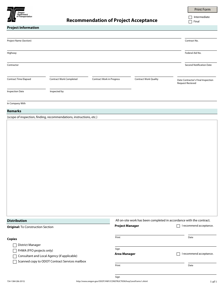 Form 734-1384 Recommendation of Project Acceptance - Oregon, Page 1