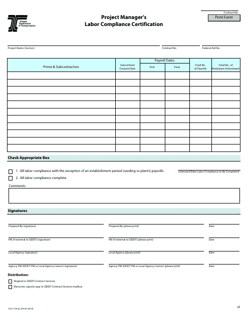 Form 734-1734-IP Project Manager's Labor Compliance Certification (Ipad Compatible) - Oregon