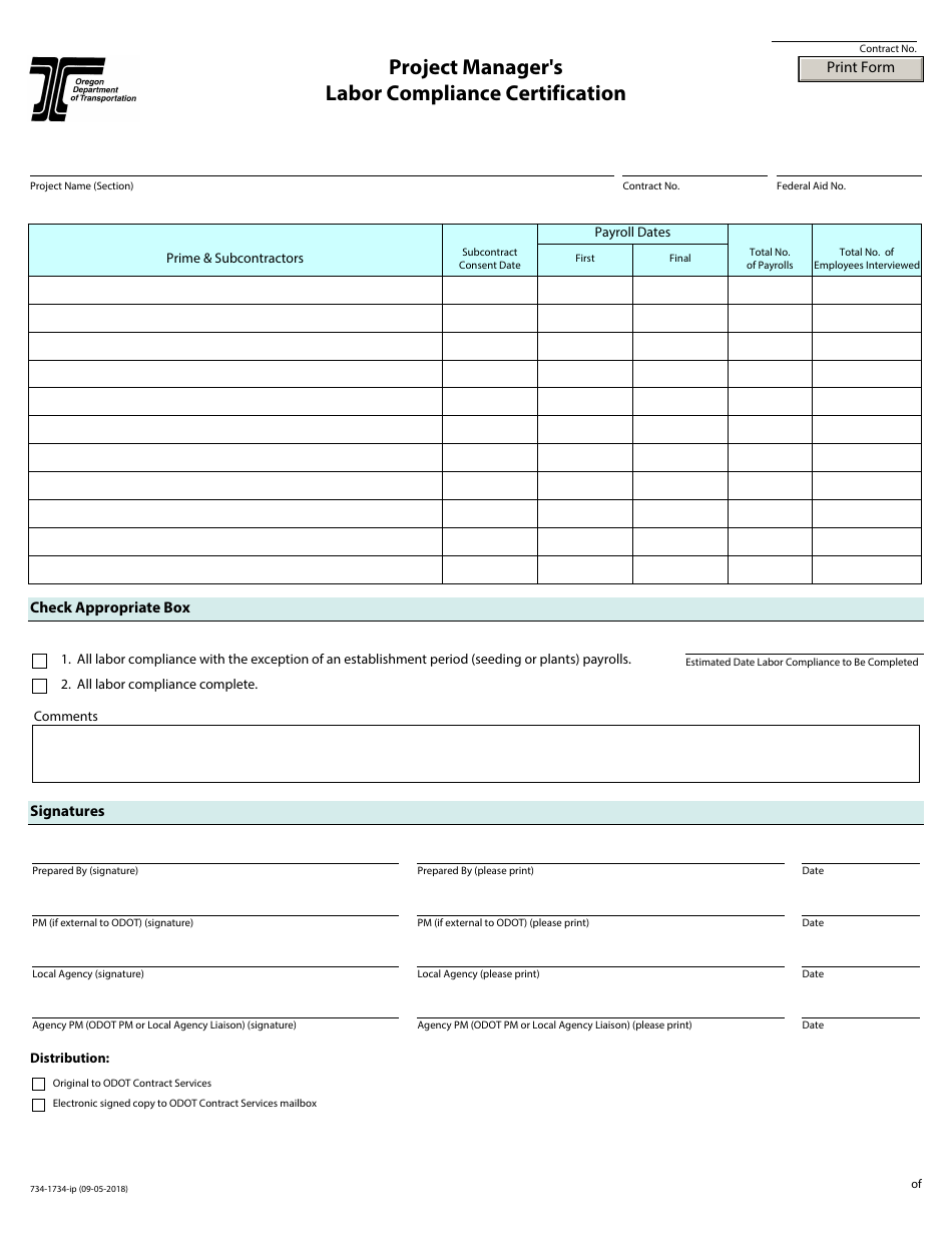 Form 734-1734-IP Project Managers Labor Compliance Certification (Ipad Compatible) - Oregon, Page 1