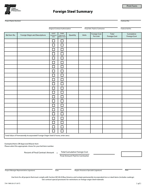 Form 734-1968 Foreign Steel Summary - Oregon