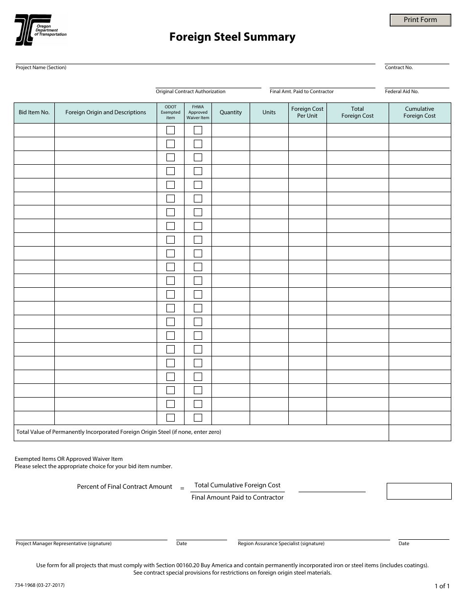 Form 734-1968 Foreign Steel Summary - Oregon, Page 1