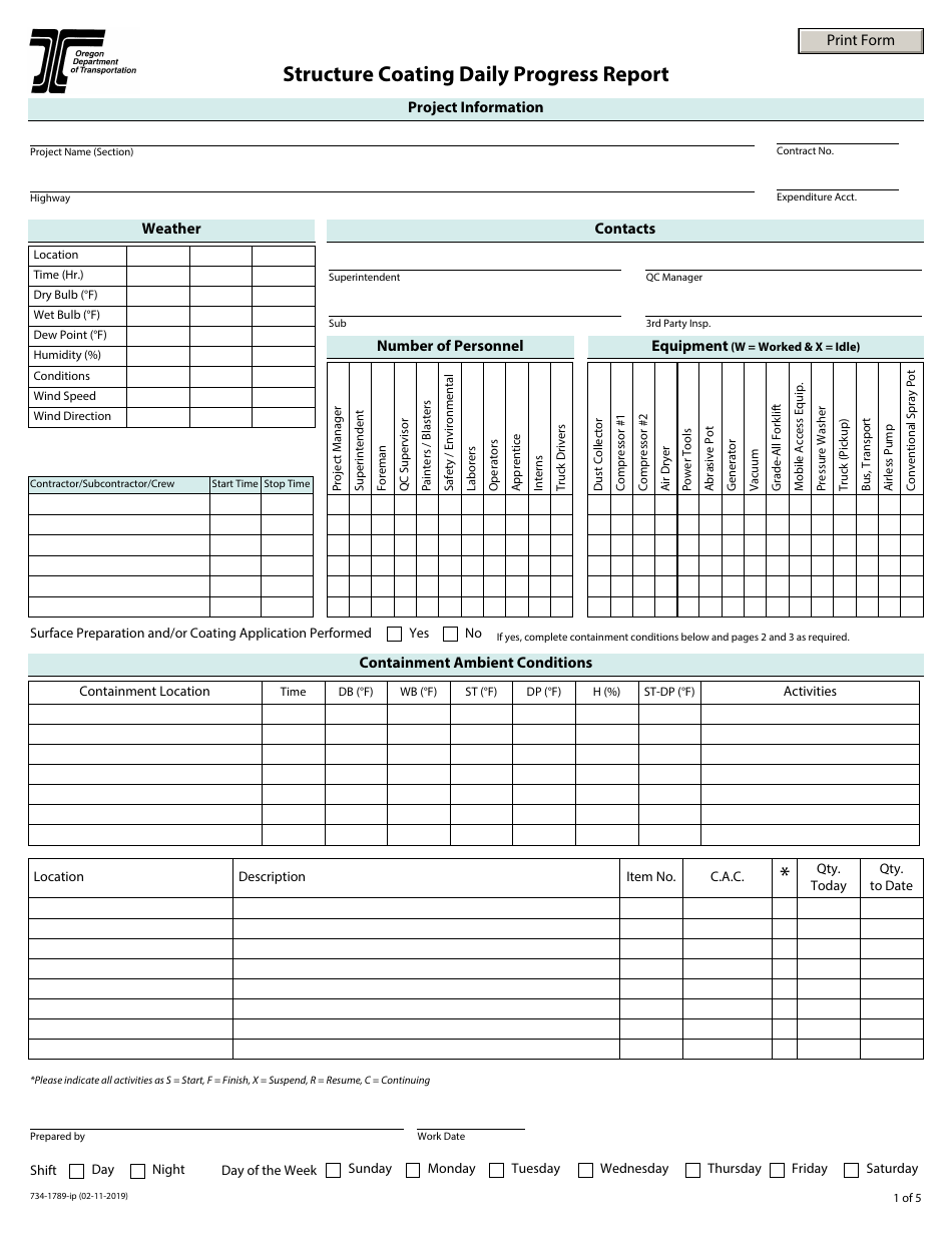 Form 734-1789-IP Structure Coating Daily Progress Report (Ipad Compatible) - Oregon, Page 1