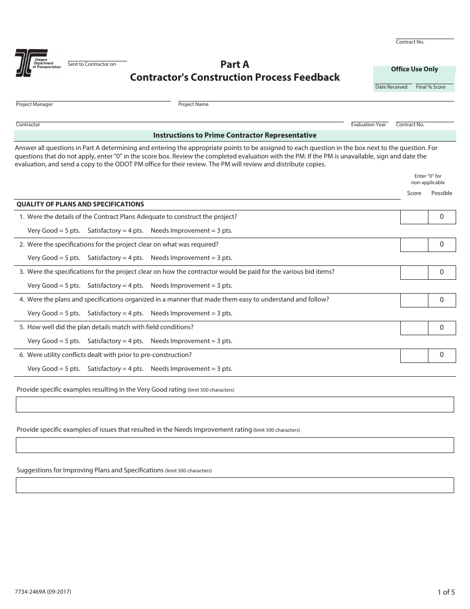 Form 734-2469A Part A Contractors Construction Process Feedback - Oregon, Page 1
