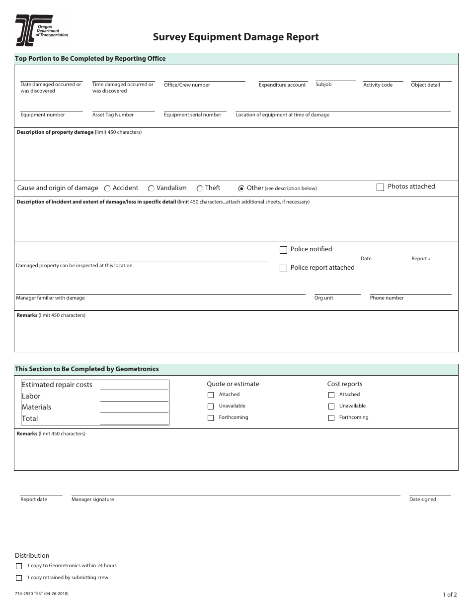 Form 734-2550 Survey Equipment Damage Report - Oregon, Page 1