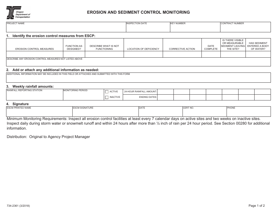 Form 734-2361 Erosion and Sediment Control Monitoring - Oregon, Page 1