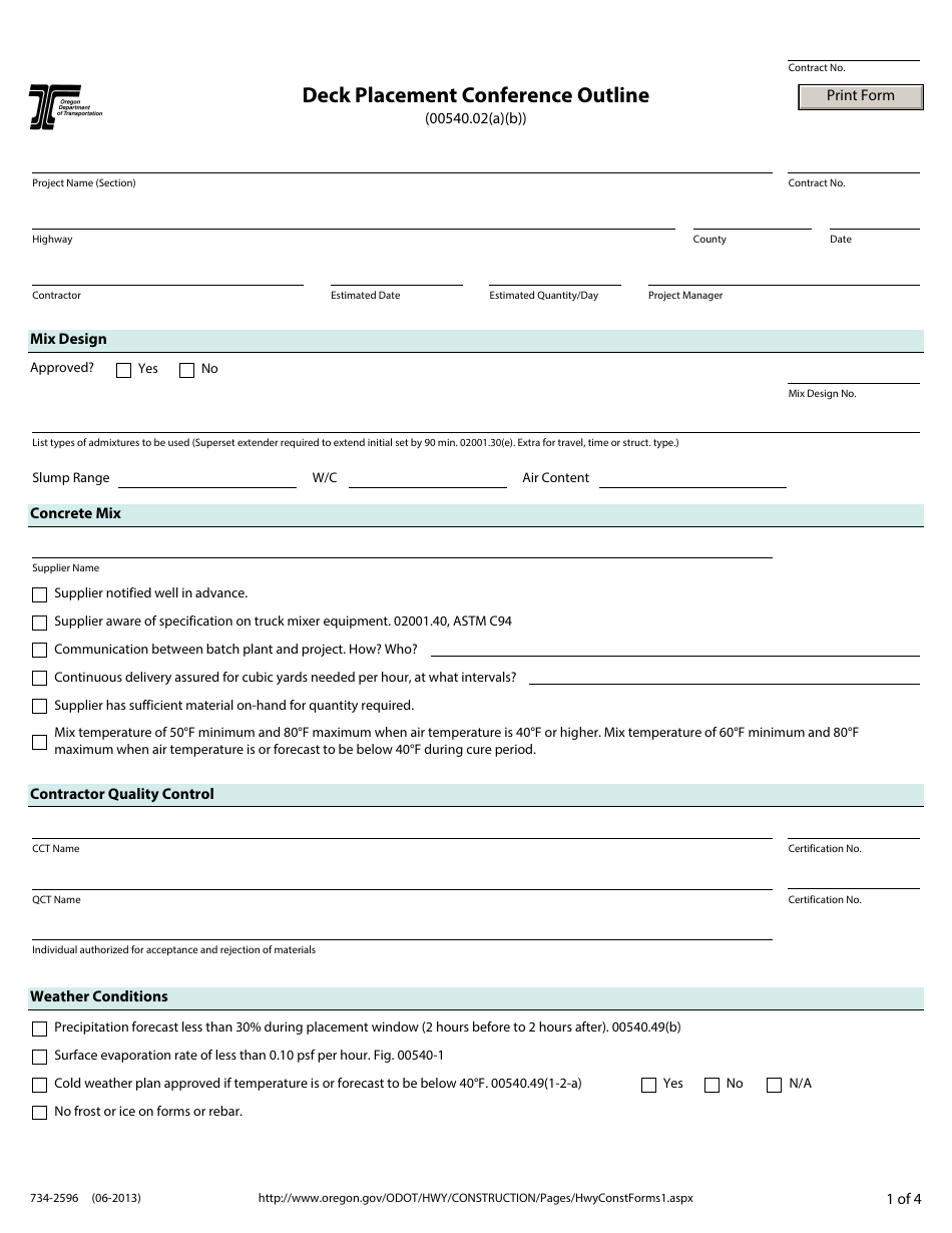 Form 734-2596 Deck Placement Conference Outline - Oregon, Page 1