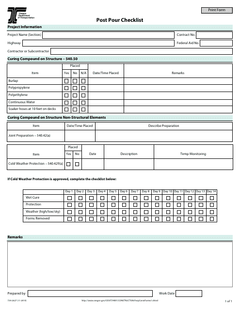 Form 734-2627 Post Pour Checklist - Oregon