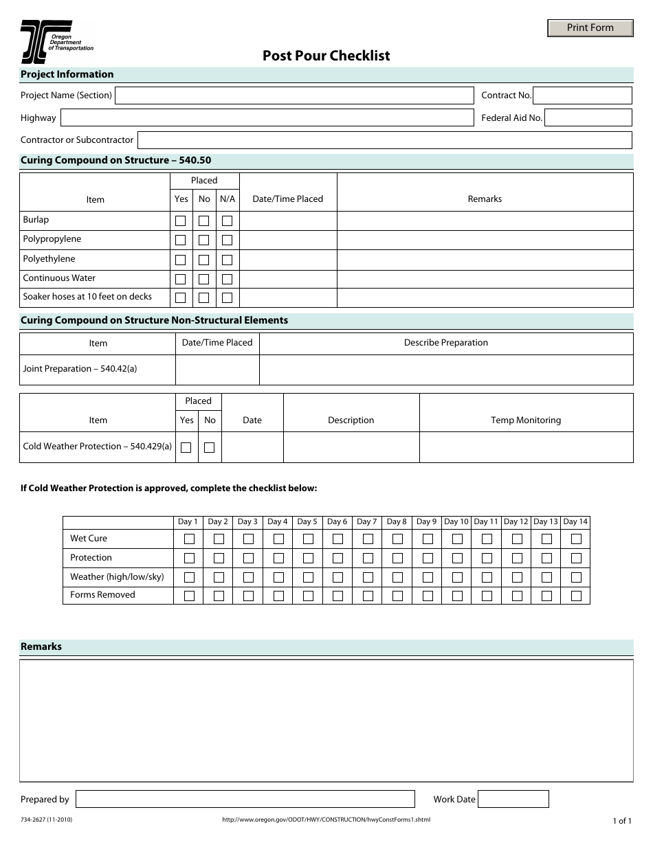 Form 734-2627 Post Pour Checklist - Oregon, Page 1