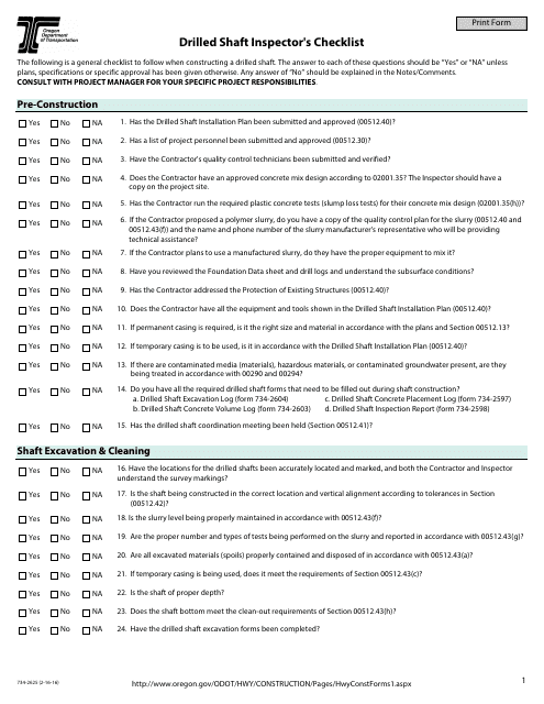 Form 734-2625 Drilled Shaft Inspector's Checklist - Oregon