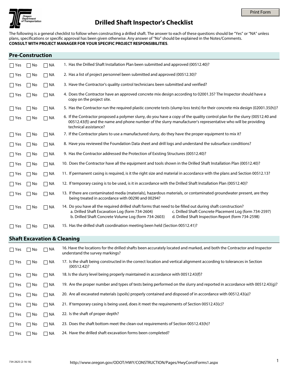 Form 734-2625 Drilled Shaft Inspectors Checklist - Oregon, Page 1