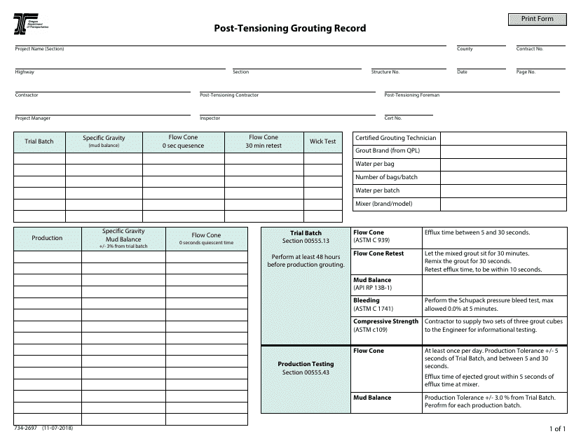 Form 734-2697 Post-tensioning Grouting Record - Oregon