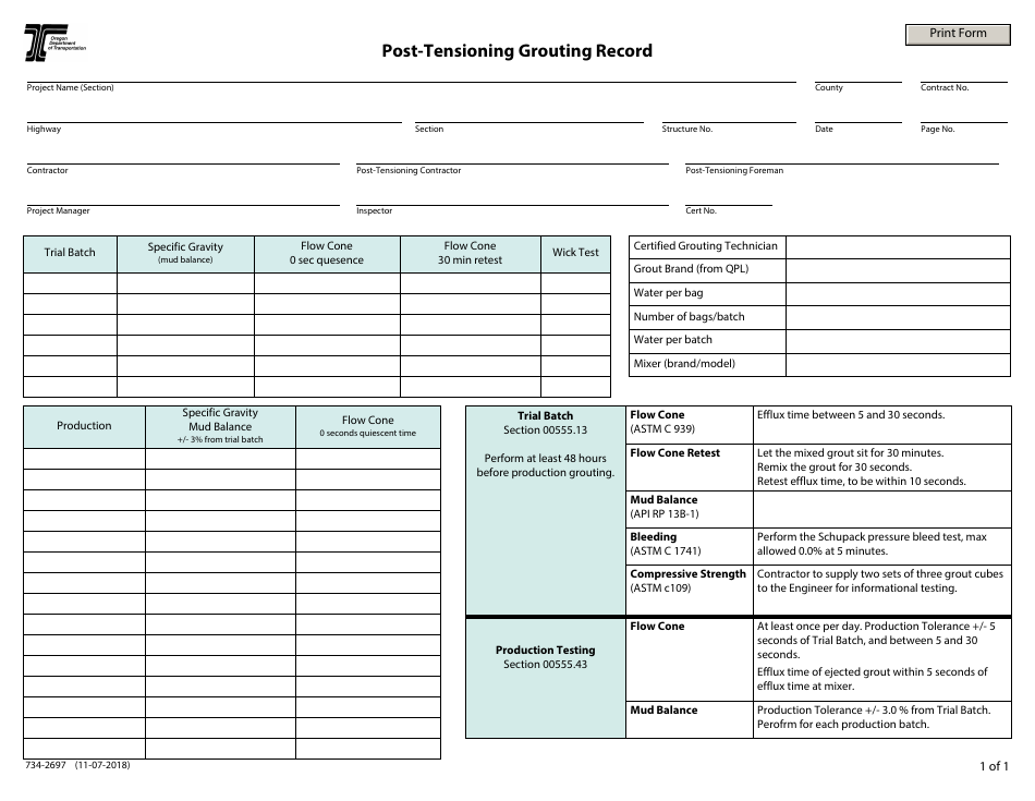 Form 734-2697 Post-tensioning Grouting Record - Oregon, Page 1