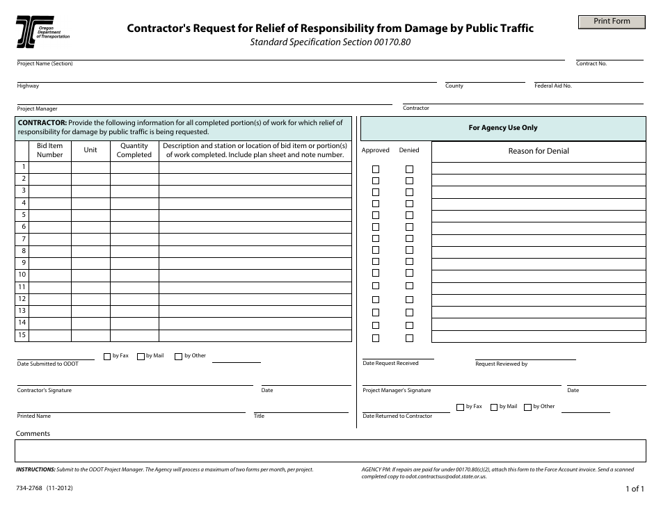 Form 734-2768 Contractor's Request for Relief of Responsibility From Damage by Public Traffic - Oregon, Page 1