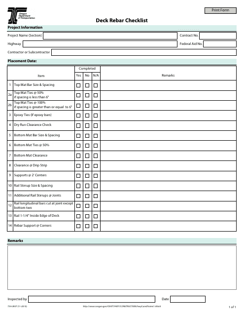Form 734-2837 Deck Rebar Checklist - Oregon