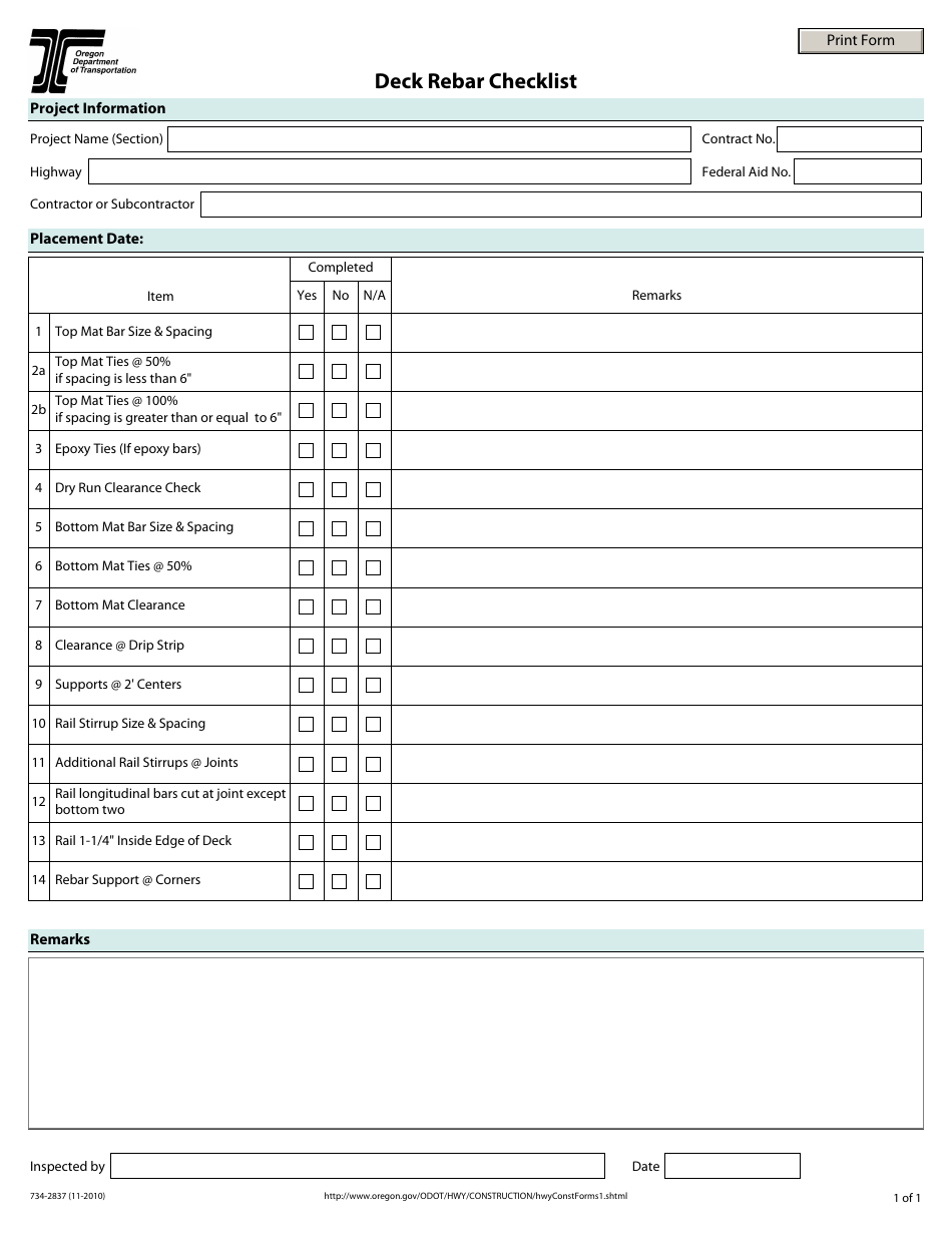 Form 734-2837 Deck Rebar Checklist - Oregon, Page 1