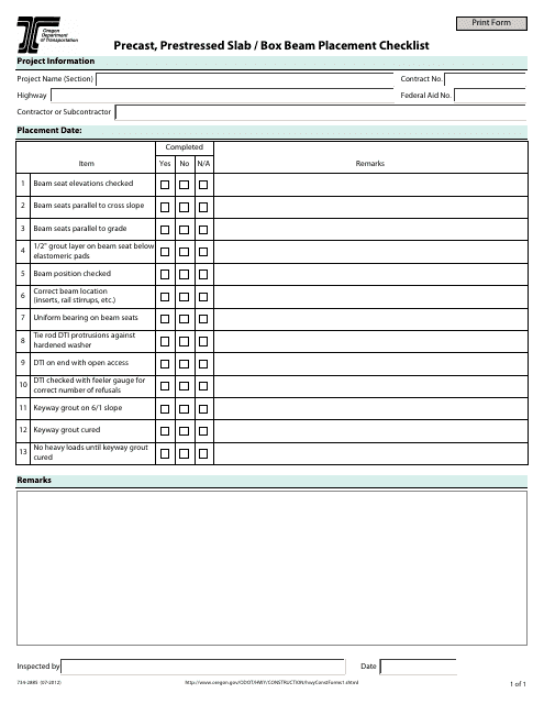 Form 734-2885 Precast, Prestressed Slab/Box Beam Placement Checklist - Oregon