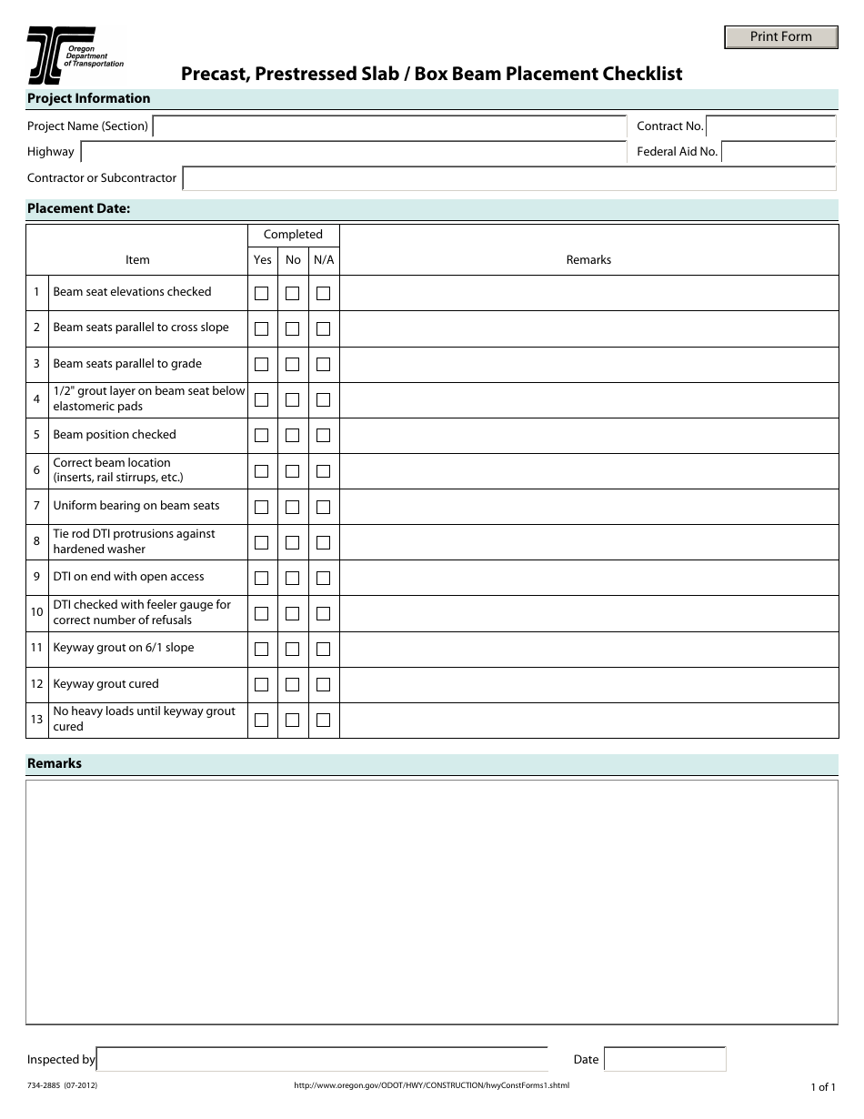 Form 734-2885 Precast, Prestressed Slab / Box Beam Placement Checklist - Oregon, Page 1