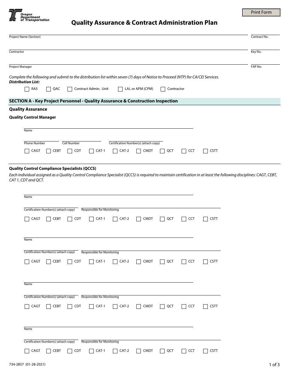 Form 734-2857 Quality Assurance  Contract Administration Plan - Oregon, Page 1