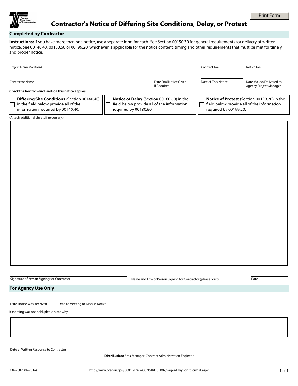 Form 734-2887 Contractors Notice of Differing Site Conditions, Delay, or Protest - Oregon, Page 1