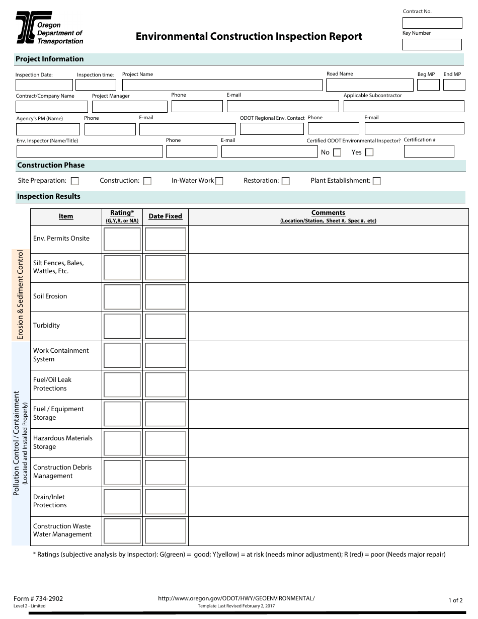 Form 734-2902 Environmental Construction Inspection Report - Oregon, Page 1