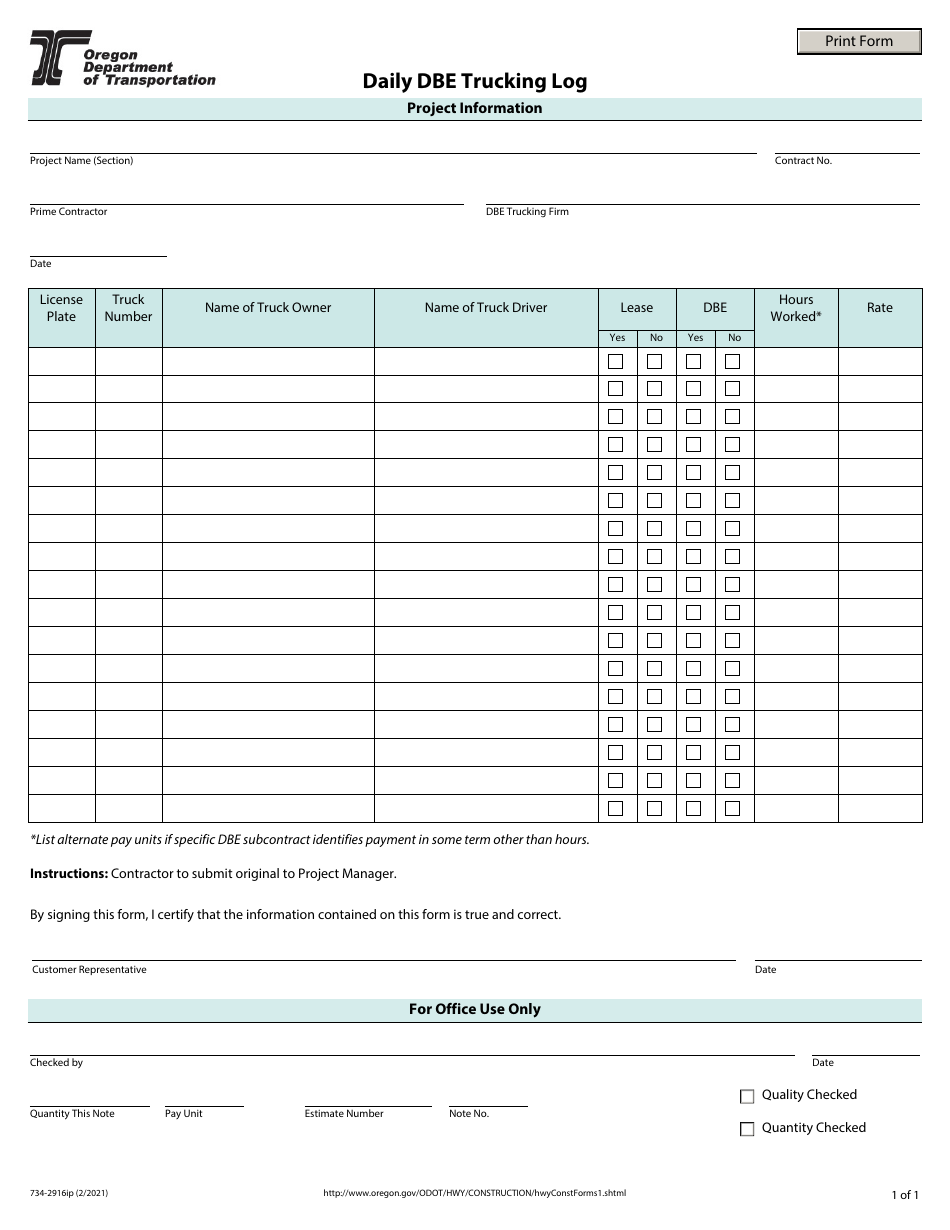 Form 734-2916IP Daily Dbe Trucking Log (Ipad Compatible) - Oregon, Page 1