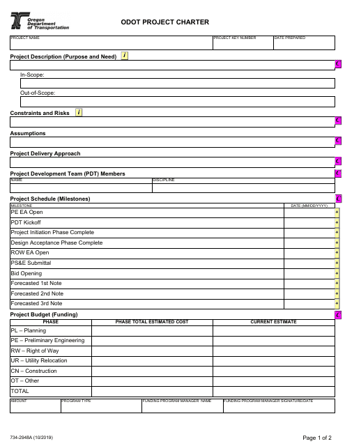 Form 734-2948A Odot Project Charter - Oregon