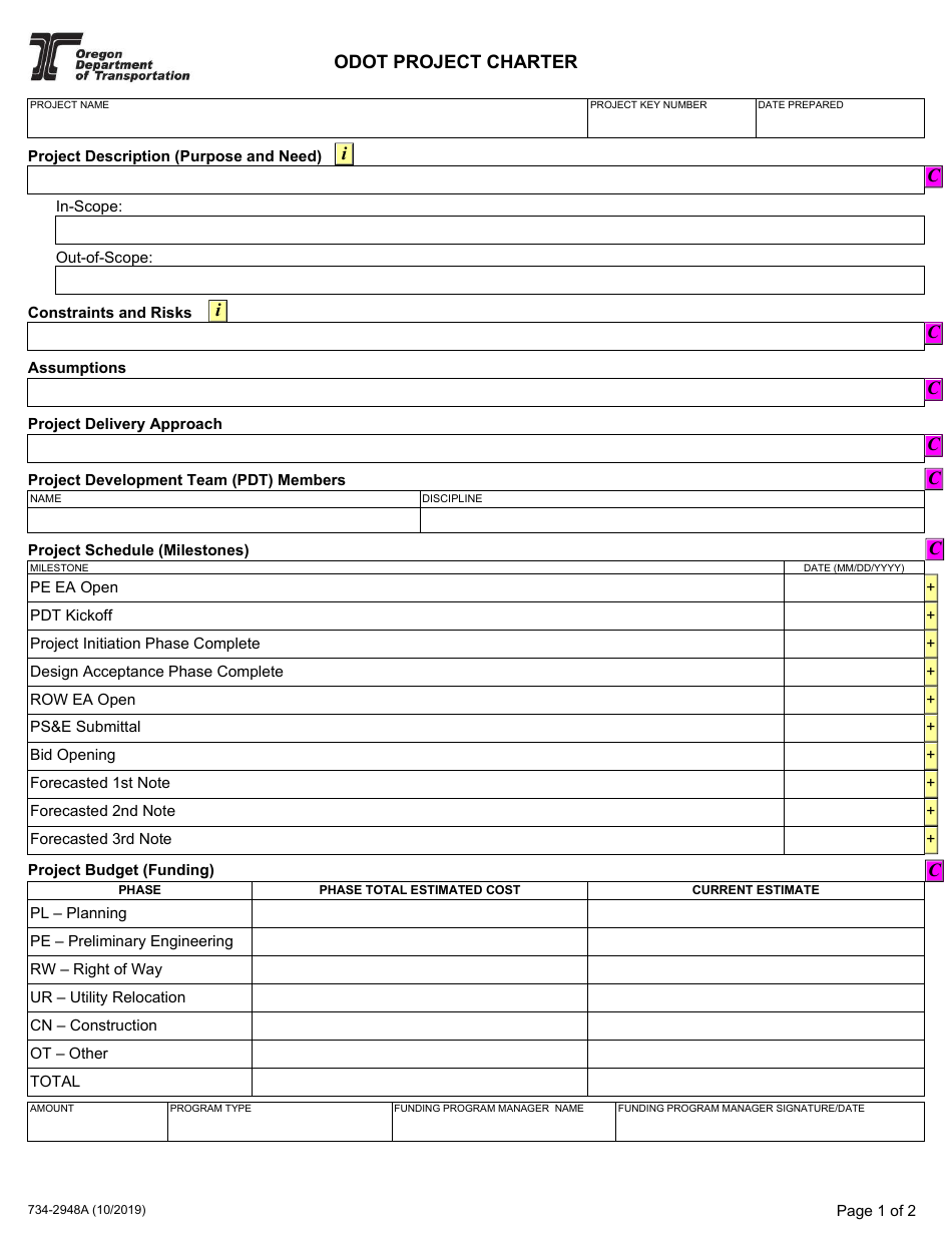 Form 734-2948A Odot Project Charter - Oregon, Page 1