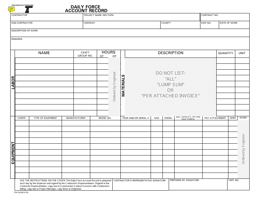 Form 734-3428 Daily Force Account Record - Oregon
