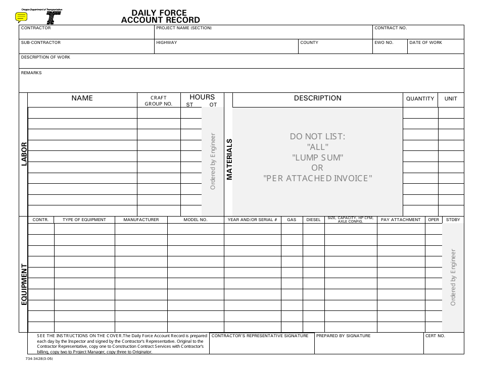 Form 734-3428 Daily Force Account Record - Oregon, Page 1