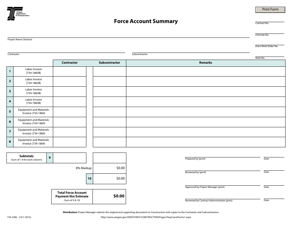 Form 734-3385 Force Account Summary - Oregon, Page 1