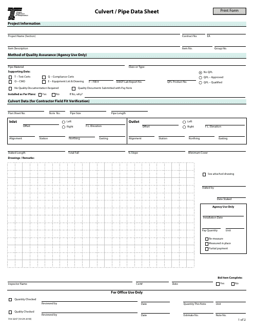 Form 734-3247 Culvert/Pipe Data Sheet - Oregon