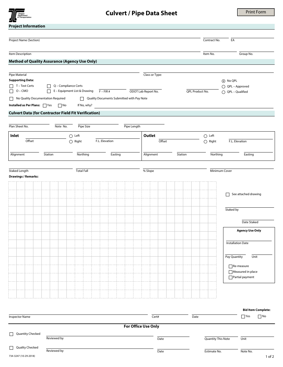 Form 734-3247 Culvert / Pipe Data Sheet - Oregon, Page 1