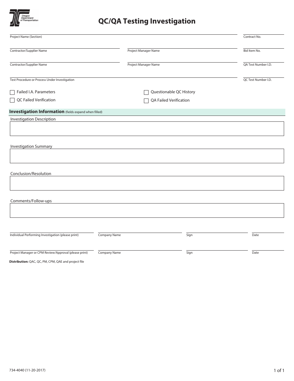 Form 734-4040 Qc / Qa Testing Investigation - Oregon, Page 1