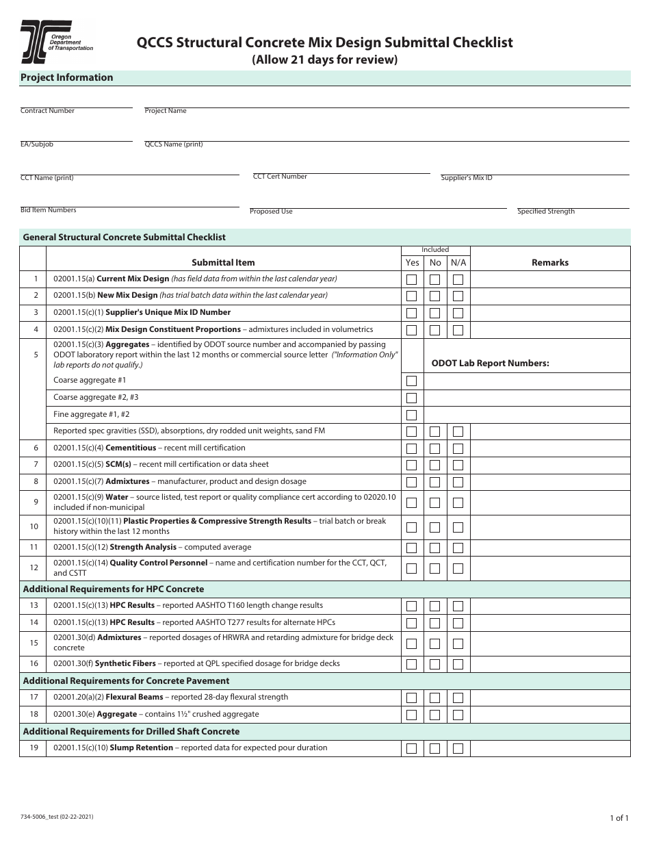 Form 734-5006_TEST Qccs Structural Concrete Mix Design Submittal Checklist - Oregon, Page 1