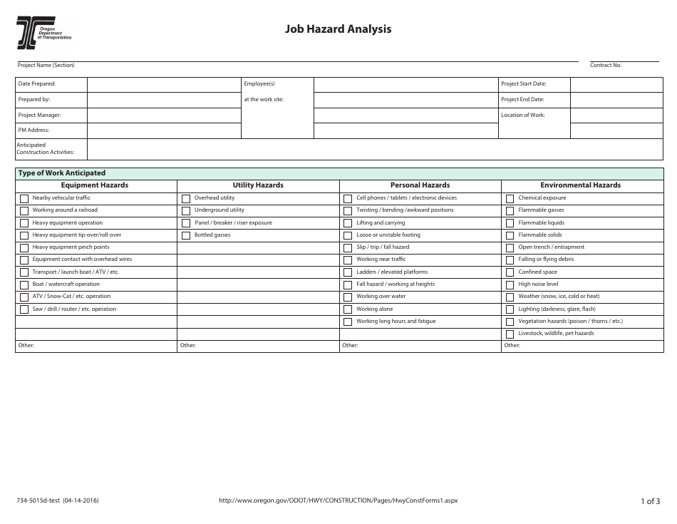 Form 734-5015 Job Hazard Analysis - Oregon, Page 1
