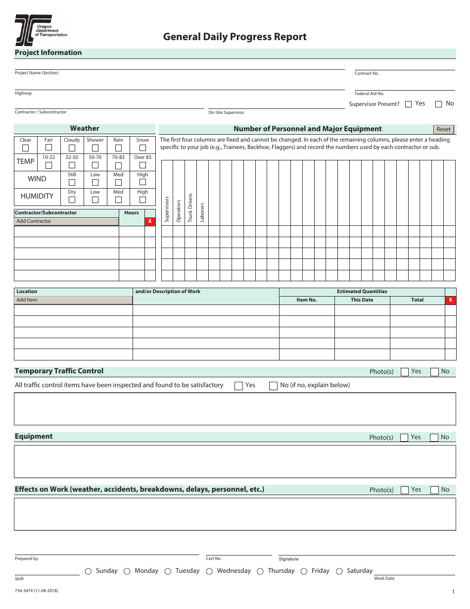 Form 734-3474 General Daily Progress Report - Oregon, Page 1