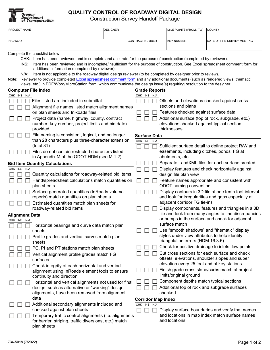 Form 734-5018 Quality Control of Roadway Digital Design - Oregon, Page 1