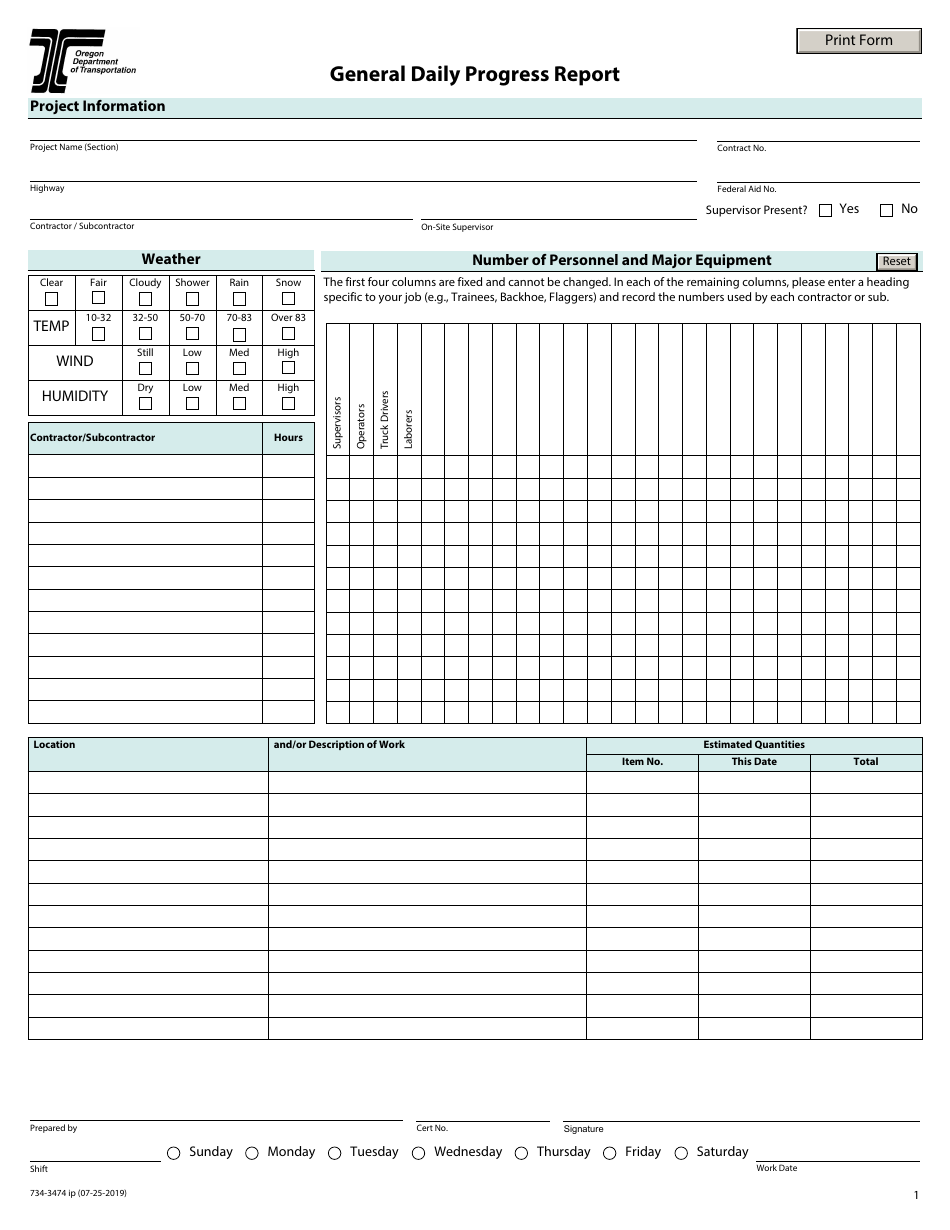 Form 734-3474-IP General Daily Progress Report (Ipad Compatible) - Oregon, Page 1