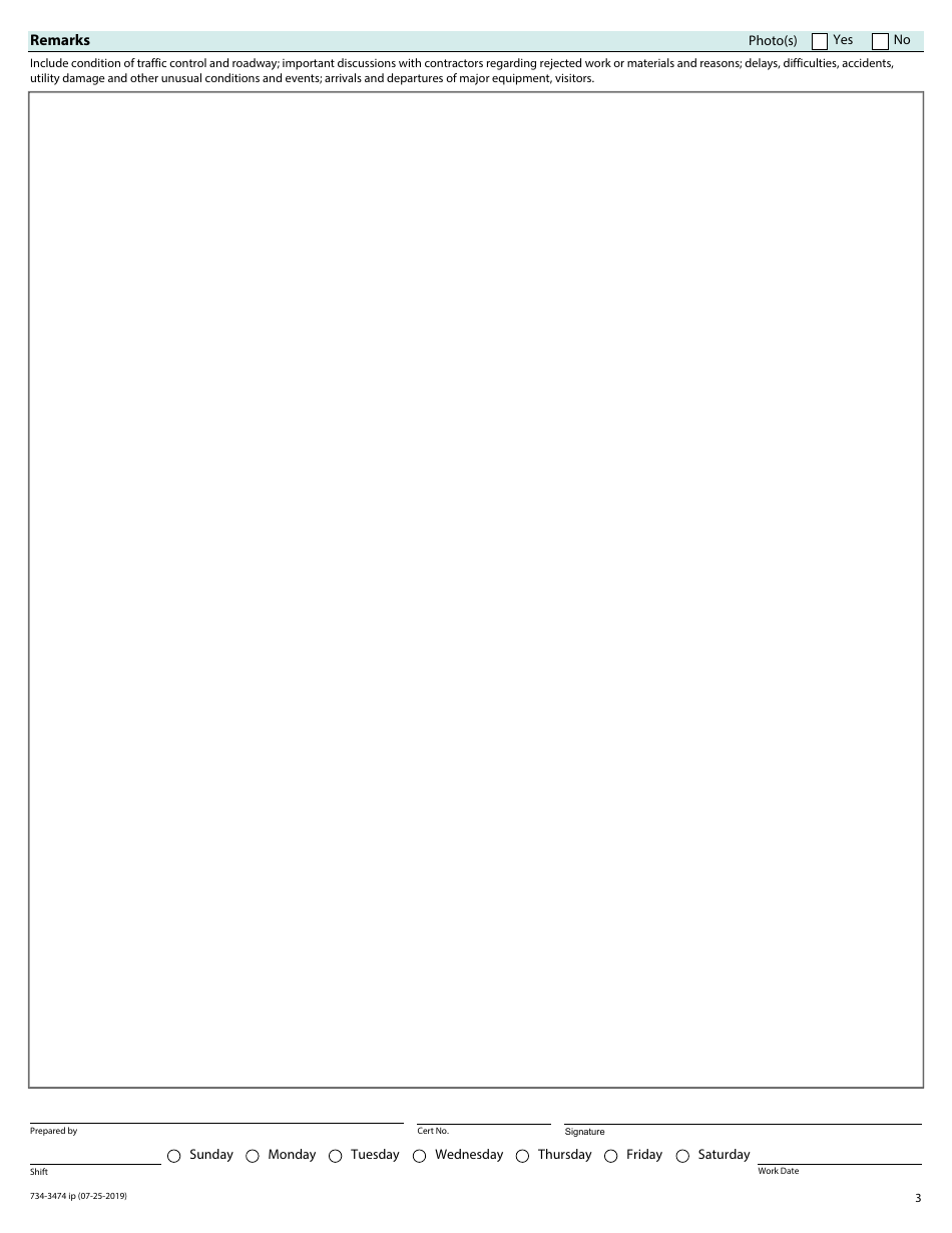 Form 734-3474-IP General Daily Progress Report (Ipad Compatible) - Oregon, Page 3