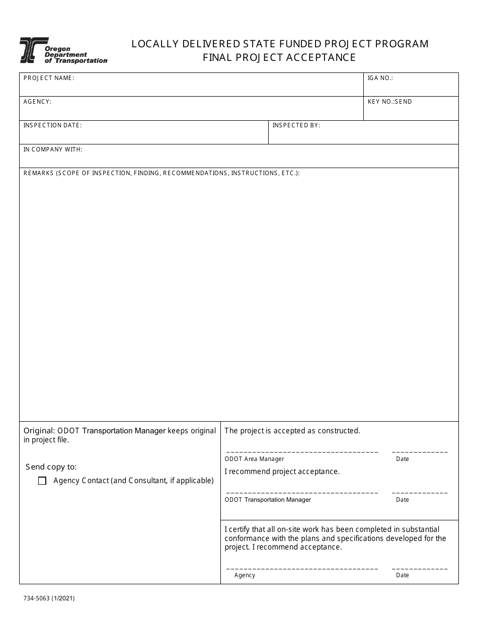 Form 734-5063 Final Project Acceptance - Locally Delivered State Funded Project Program - Oregon, Page 1