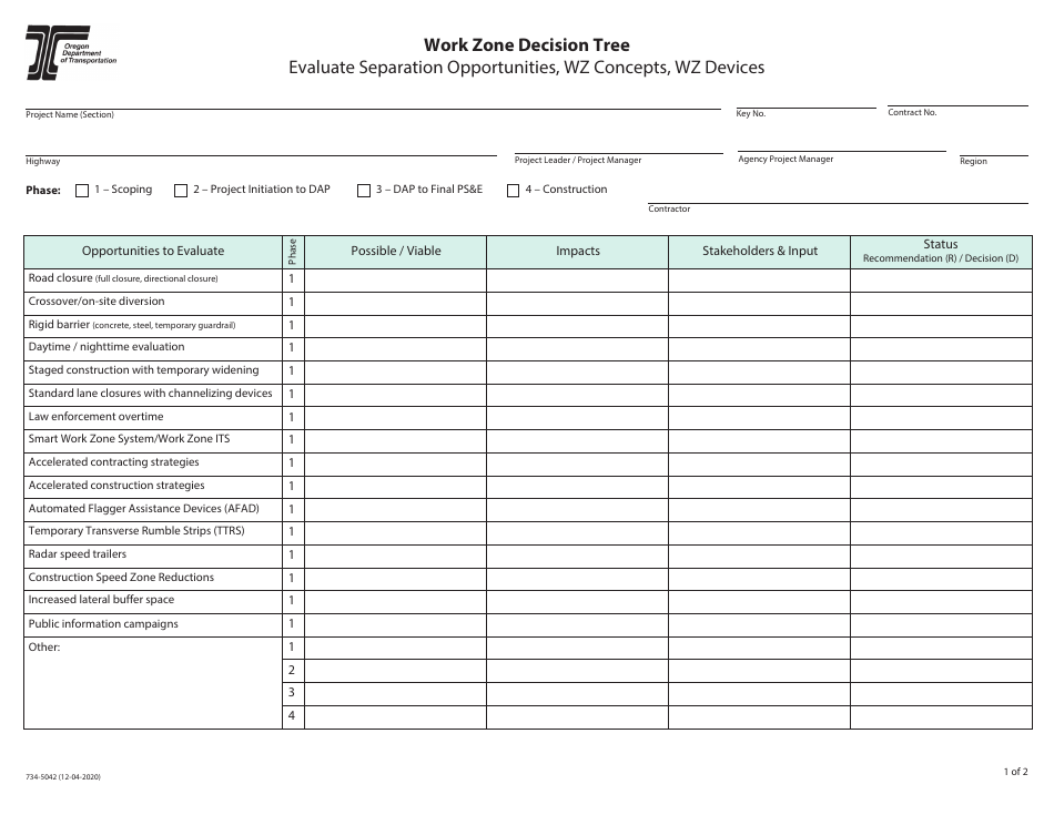 Form 734-5042 Work Zone Decision Tree - Evaluate Separation Opportunities, Wz Concepts, Wz Devices - Oregon, Page 1