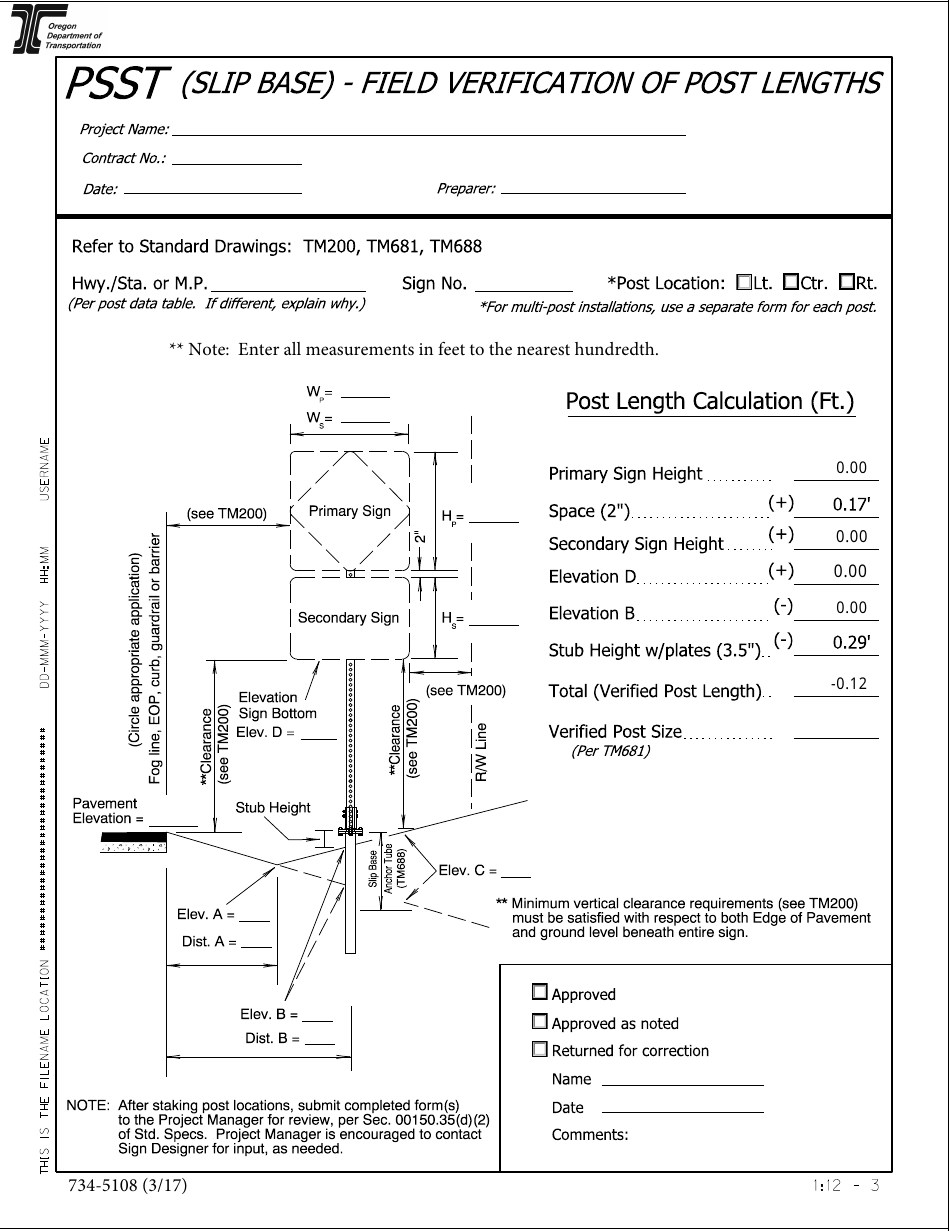 Form 734-5108 Psst (Slip Base) - Field Verification of Post Lengths - Oregon, Page 1