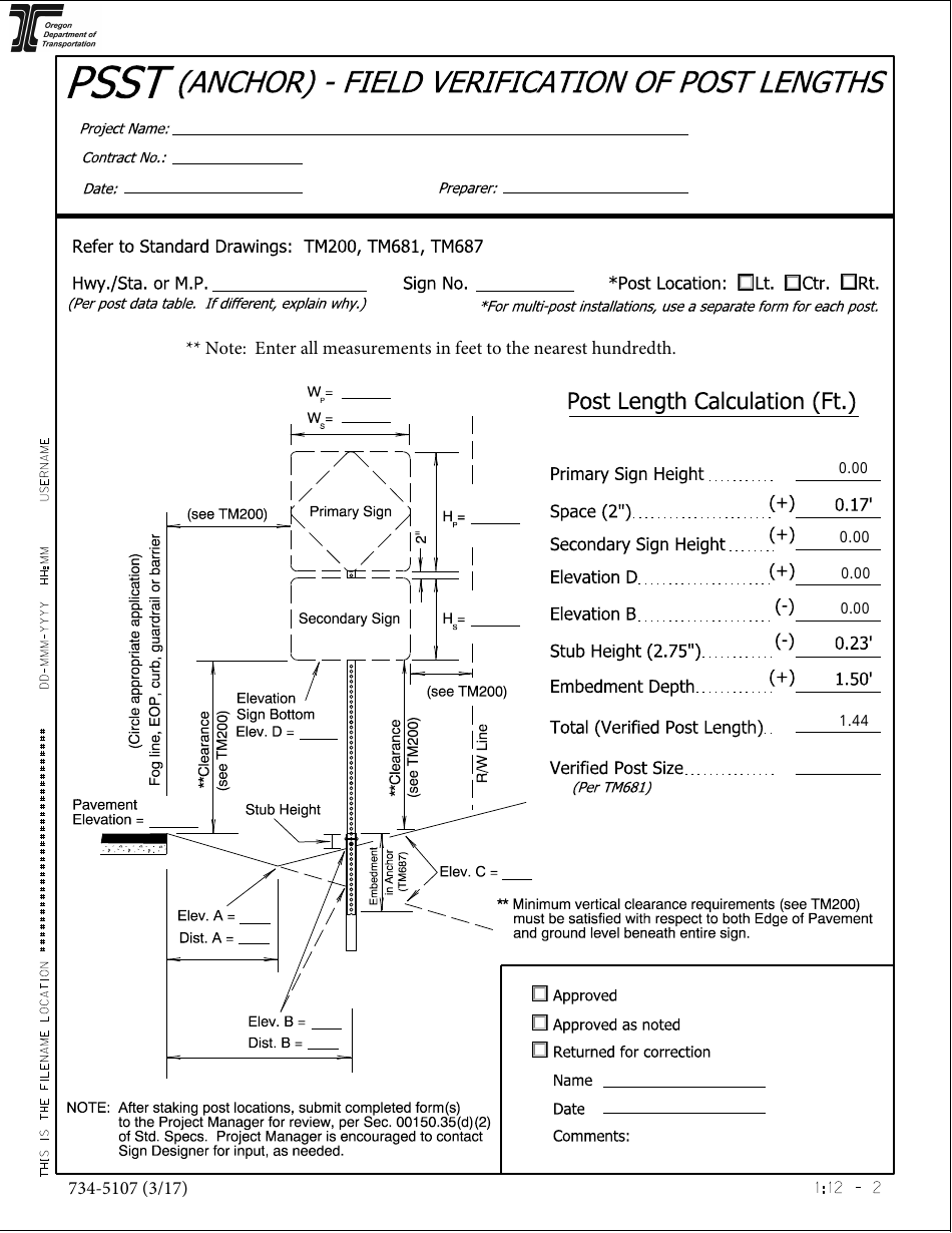 Form 734-5107 Psst (Anchor) - Field Verification of Post Lengths - Oregon, Page 1