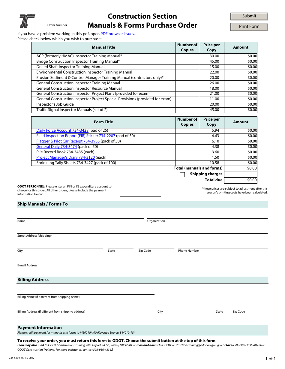 Form 734-5109 Construction Section Manuals  Forms Purchase Order - Oregon, Page 1